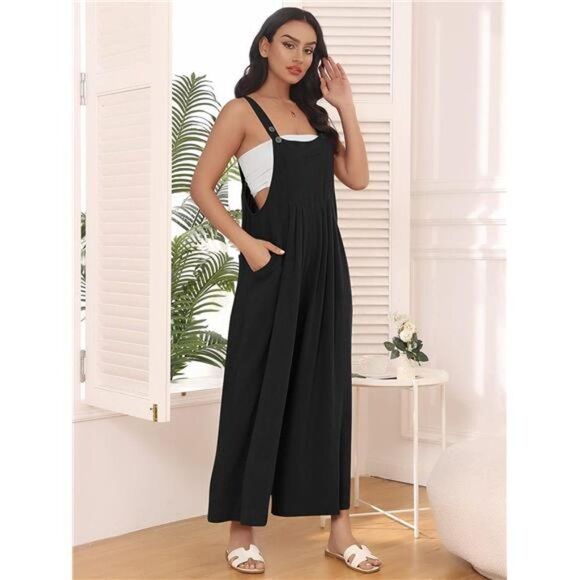 Wide Leg Jumpsuits Casual Bib Summer Rompers Jumpers, Sleeveless Straps, Pockets - Picture 3 of 5